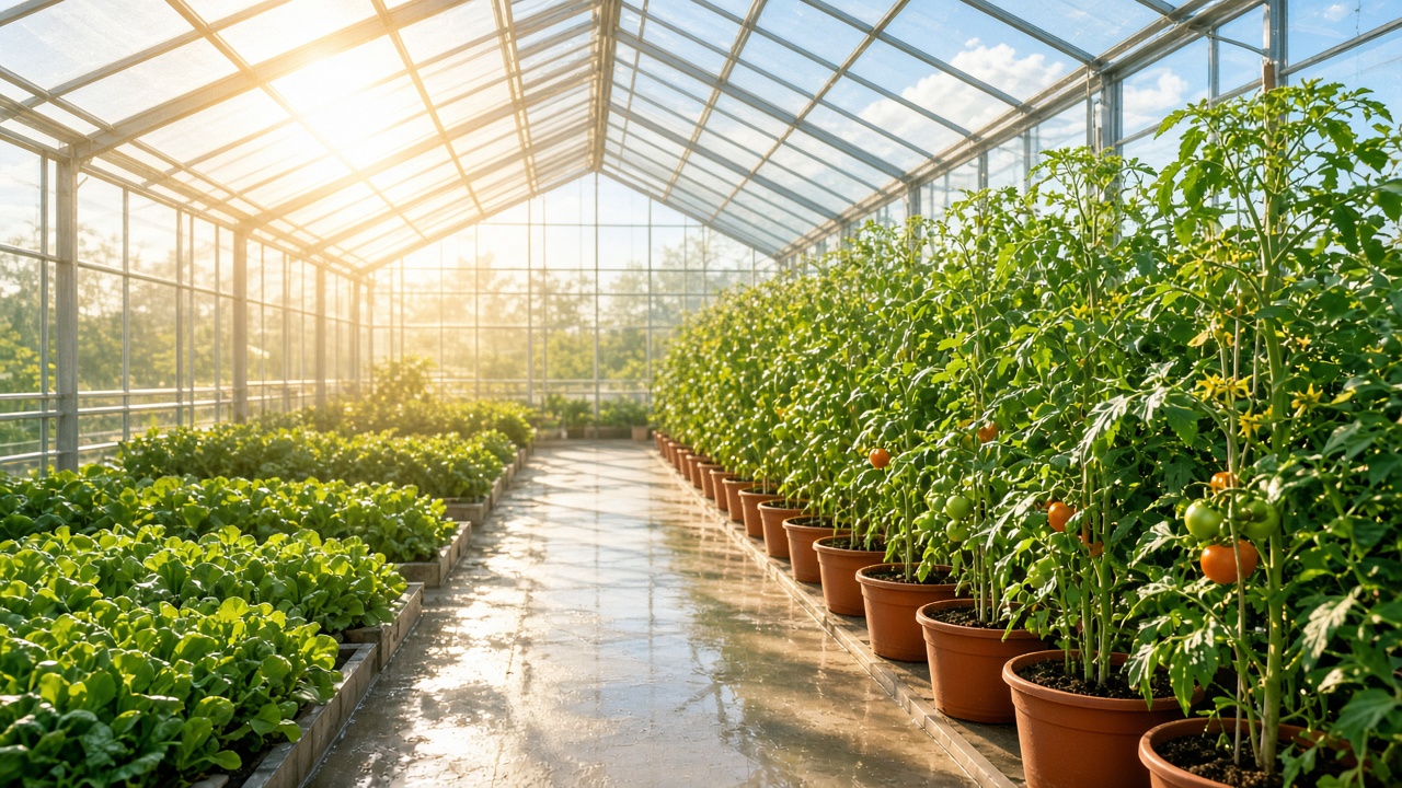 Sonniges Gewächshaus mit gesunden Pflanzen